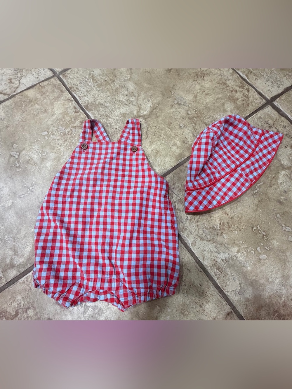 Janie and Jack Red Blue Gingham Bubble Romper & Sunhat Set 0-3M 3-6M NWOT